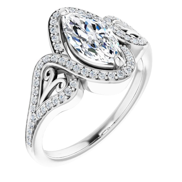 10K White Gold Customizable Marquise Cut Design with Bypass Halo and Split-Shared Prong Band