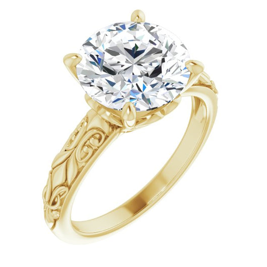 10K Yellow Gold Customizable Round Cut Solitaire featuring Delicate Metal Scrollwork