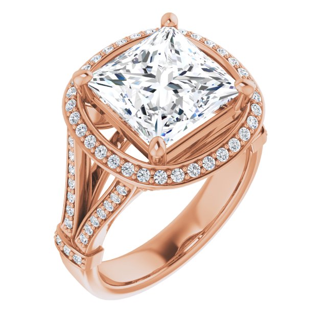 10K Rose Gold Customizable Princess/Square Cut Setting with Halo, Under-Halo Trellis Accents and Accented Split Band