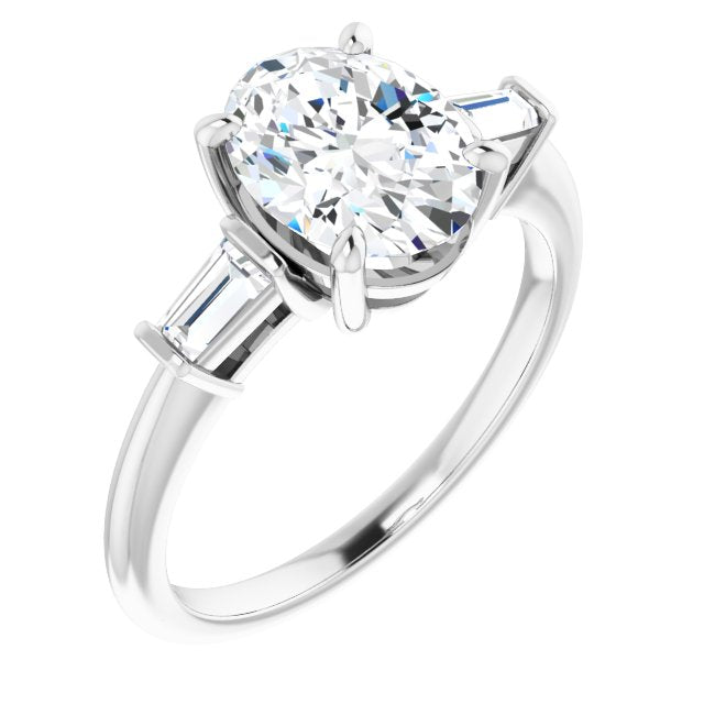 10K White Gold Customizable 3-stone Oval Cut Design with Dual Baguette Accents)