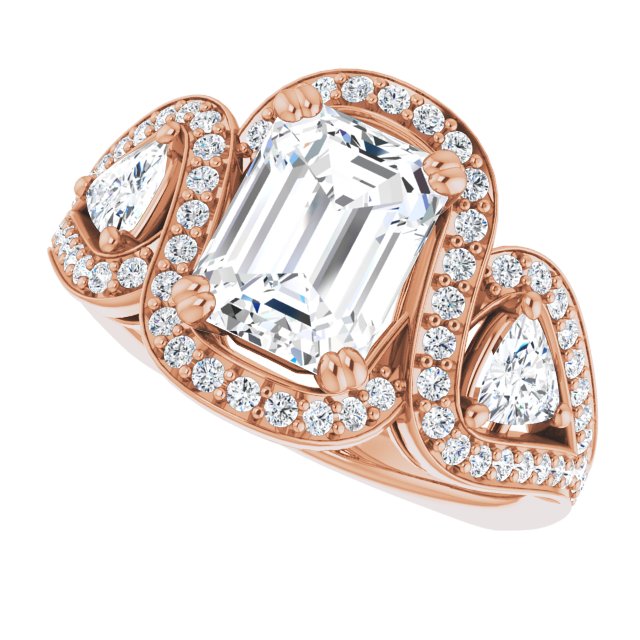 Cubic Zirconia Engagement Ring- The Ana Miranda (Customizable Emerald Cut Center with Twin Trillion Accents, Twisting Shared Prong Split Band, and Halo)