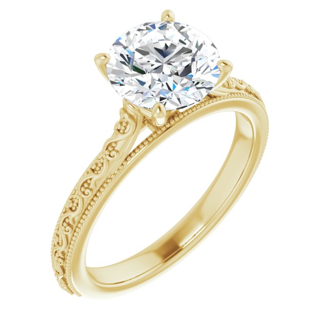 18K Yellow Gold Customizable Round Cut Solitaire with Delicate Milgrain Filigree Band