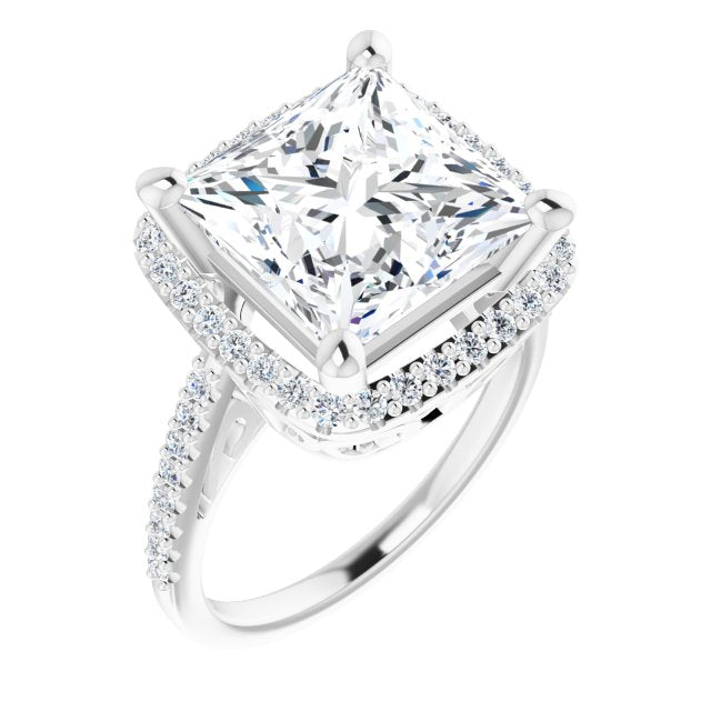 10K White Gold Customizable Cathedral-Crown Princess/Square Cut Design with Halo and Accented Band
