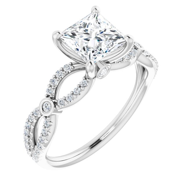 10K White Gold Customizable Princess/Square Cut Design with Infinity-inspired Split Pavé Band and Bezel Peekaboo Accents