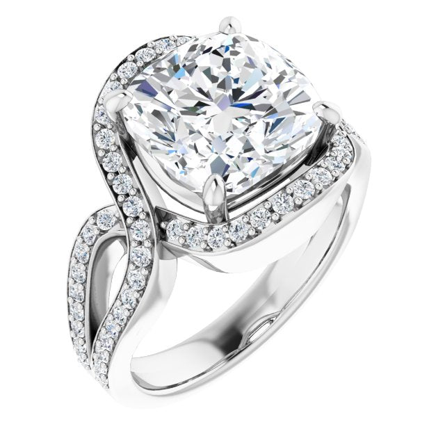 10K White Gold Customizable Cushion Cut Center with Infinity-inspired Split Shared Prong Band and Bypass Halo