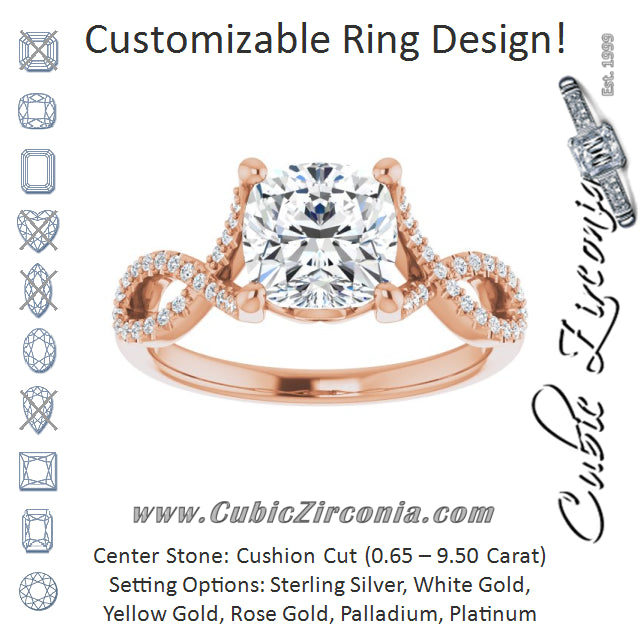 Cubic Zirconia Engagement Ring- The Venus (Customizable Cushion Cut Design with Twisting Infinity-inspired, Pavé Split Band)