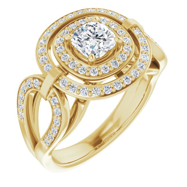 10K Yellow Gold Customizable Cathedral-set Cushion Cut Design with Double Halo & Accented Ultra-wide Horseshoe-inspired Split Band