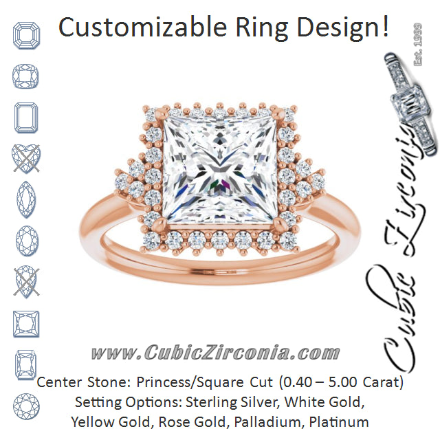 Cubic Zirconia Engagement Ring- The Winter (Customizable Princess/Square Cut Cathedral-Halo Design with Tri-Cluster Round Accents)