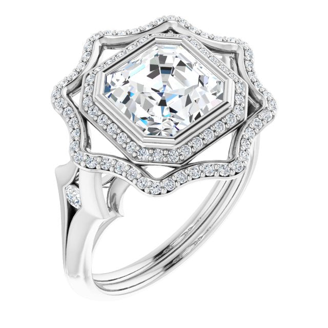 10K White Gold Customizable Cathedral-bezel Asscher Cut Design with Floral Double Halo and Channel-Accented Split Band