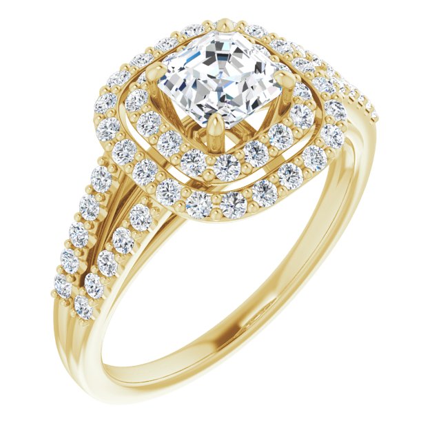 10K Yellow Gold Customizable Asscher Cut Design with Double Halo and Wide Split-Pavé Band