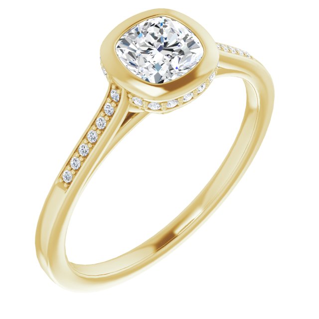 10K Yellow Gold Customizable Cathedral-Bezel Cushion Cut Style with Under-halo and Shared Prong Band