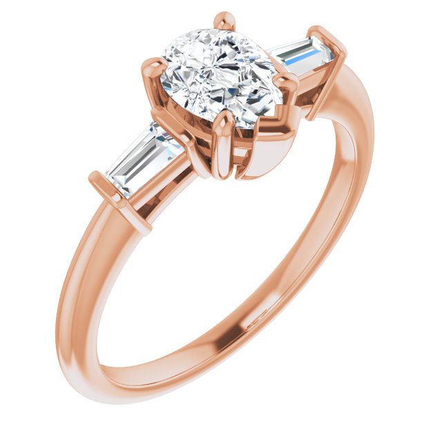 10K Rose Gold Customizable 3-stone Pear Cut Design with Dual Baguette Accents)