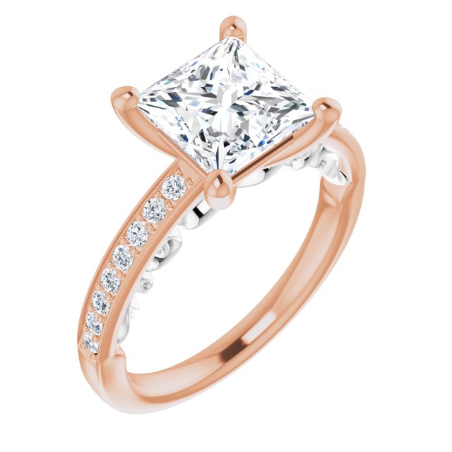14K Rose & White Gold Customizable Princess/Square Cut Design featuring 3-Sided Infinity Trellis and Round-Channel Accented Band