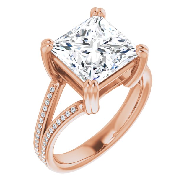 10K Rose Gold Customizable Princess/Square Cut Center with 100-stone* "Waterfall" Pavé Split Band