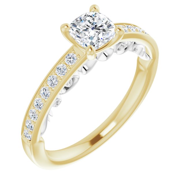 14K Yellow & White Gold Customizable Cushion Cut Design featuring 3-Sided Infinity Trellis and Round-Channel Accented Band