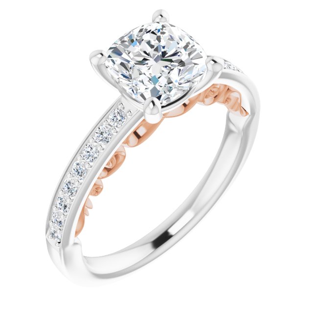 14K White & Rose Gold Customizable Cushion Cut Design featuring 3-Sided Infinity Trellis and Round-Channel Accented Band