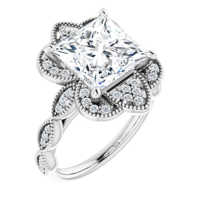 10K White Gold Customizable Cathedral-style Princess/Square Cut Design with Floral Segmented Halo & Milgrain+Accents Band