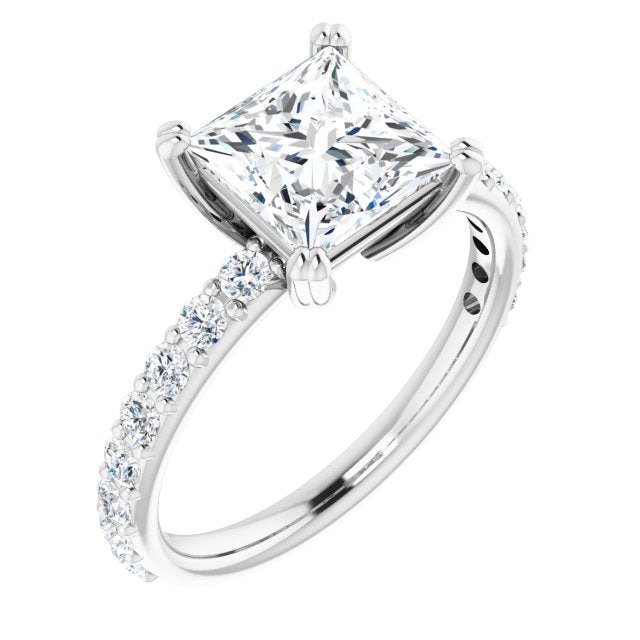 10K White Gold Customizable Princess/Square Cut Design with Large Round Cut 3/4 Band Accents