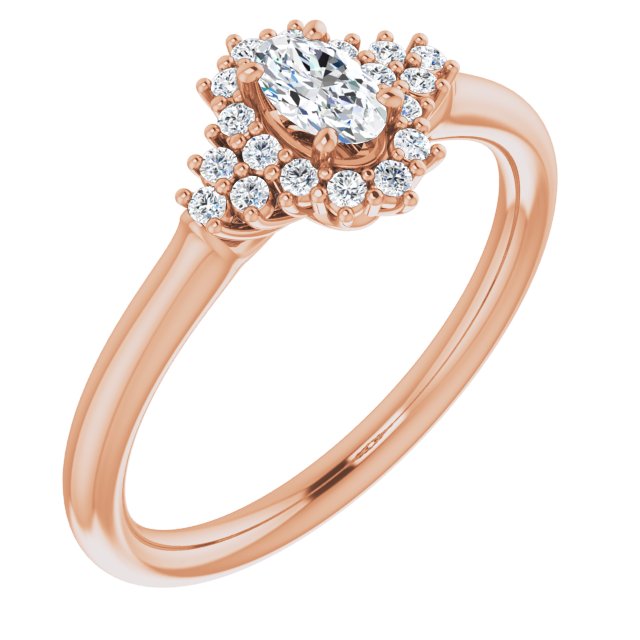 10K Rose Gold Customizable Oval Cut Cathedral-Halo Design with Tri-Cluster Round Accents