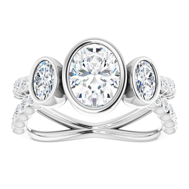 Cubic Zirconia Engagement Ring- The Tamanna (Customizable Bezel-set Oval Cut Design with Dual Bezel-Oval Accents and Round-Bezel Accented Split Band)