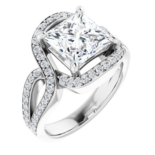 10K White Gold Customizable Princess/Square Cut Center with Infinity-inspired Split Shared Prong Band and Bypass Halo