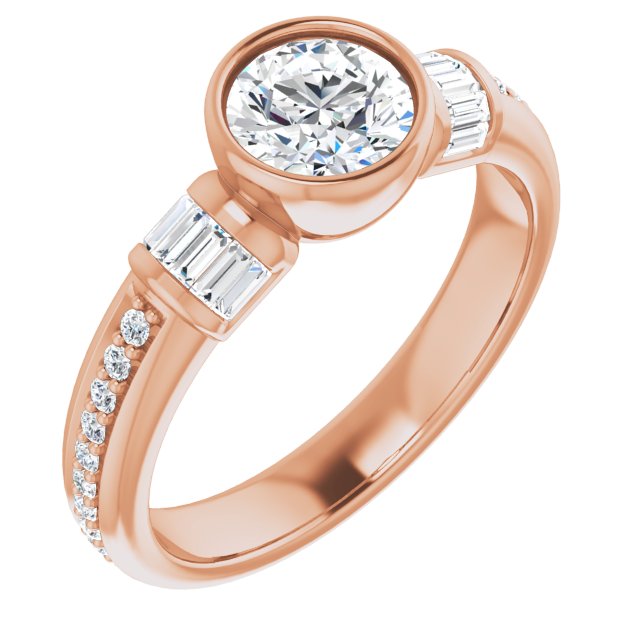 10K Rose Gold Customizable Cathedral-Bezel Round Cut Style with Horizontal Baguettes & Shared Prong Band