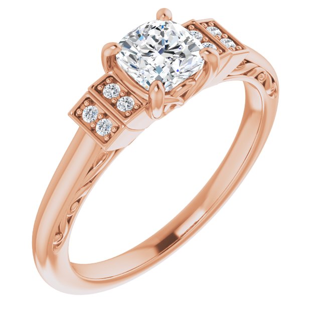 10K Rose Gold Customizable Engraved Design with Cushion Cut Center and Perpendicular Band Accents