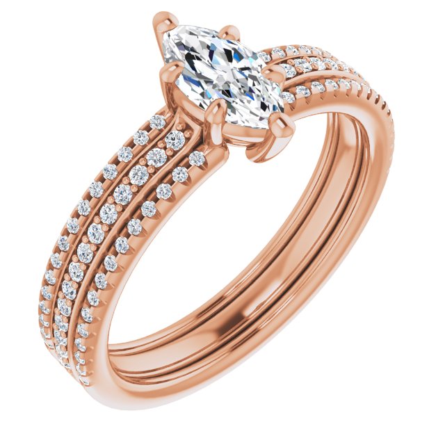 10K Rose Gold Customizable Marquise Cut Center with Wide Pavé Accented Band