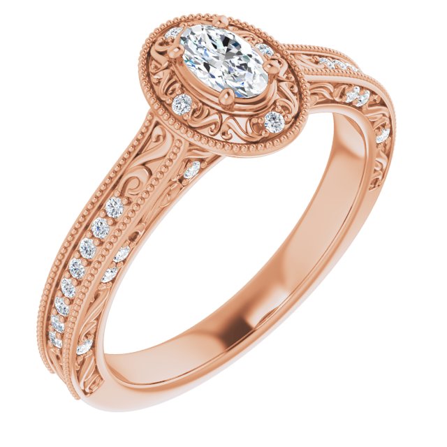 10K Rose Gold Customizable Vintage Artisan Oval Cut Design with 3-Sided Filigree and Side Inlay Accent Enhancements