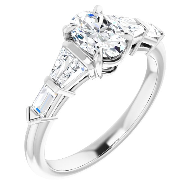 10K White Gold Customizable 7-stone Design with Oval Cut Center and Baguette Accents