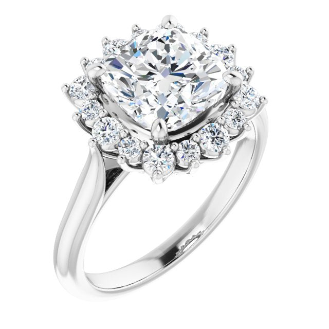 10K White Gold Customizable Crown-Cathedral Cushion Cut Design with Clustered Large-Accent Halo & Ultra-thin Band