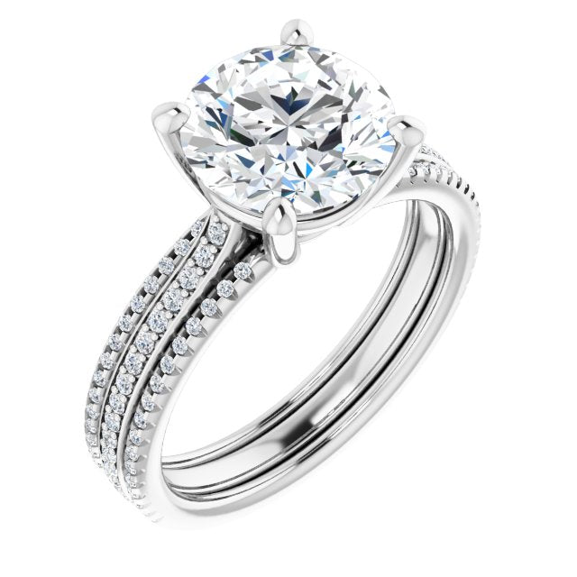 18K White Gold Customizable Round Cut Center with Wide Pavé Accented Band