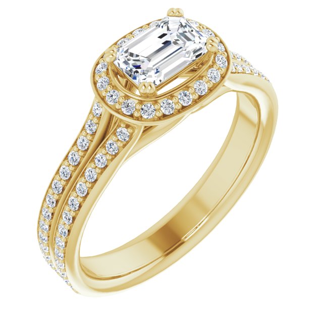 10K Yellow Gold Customizable Cathedral-set Emerald/Radiant Cut Style with Split-Pav? Band