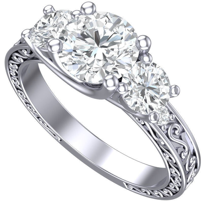 Cubic Zirconia Engagement Ring- The Adele Elise (Three-Stone Round Cut with Filigree Accented Band)