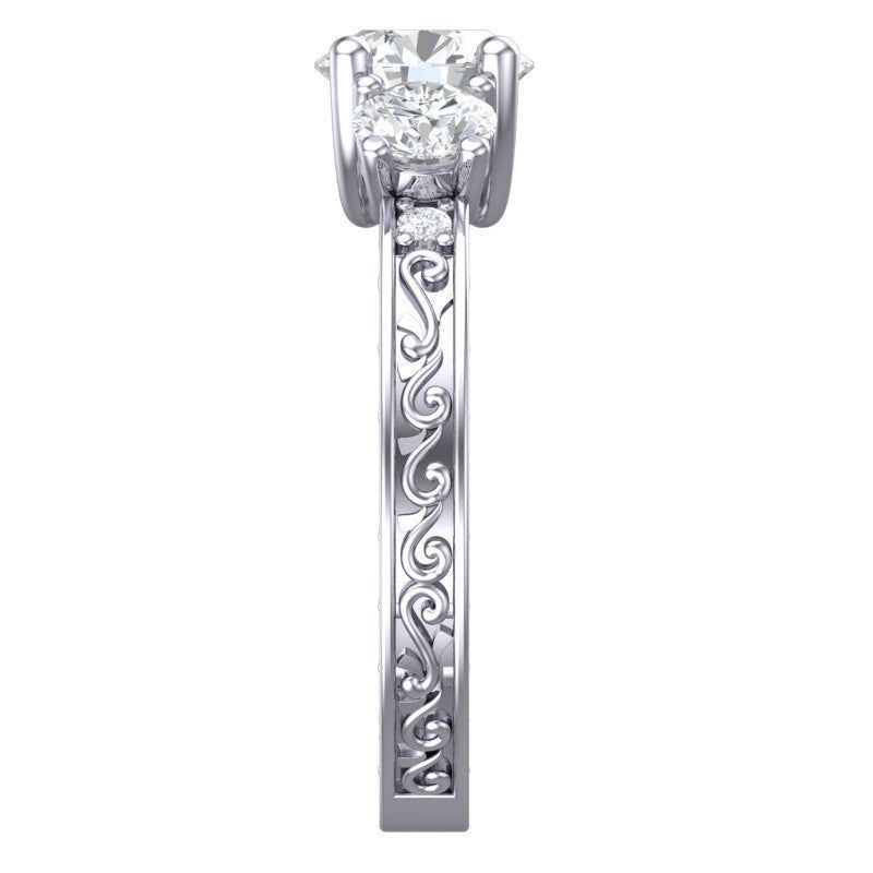 Cubic Zirconia Engagement Ring- The Adele Elise (Three-Stone Round Cut with Filigree Accented Band)