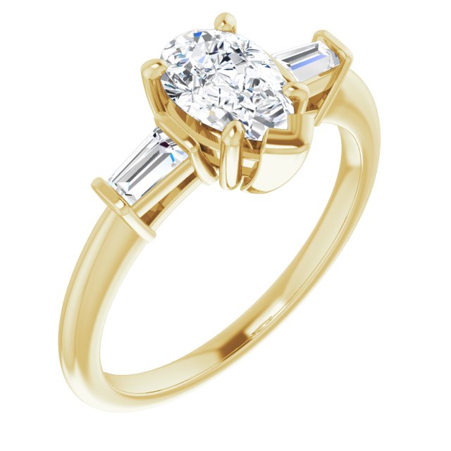 10K Yellow Gold Customizable 3-stone Pear Cut Design with Dual Baguette Accents)