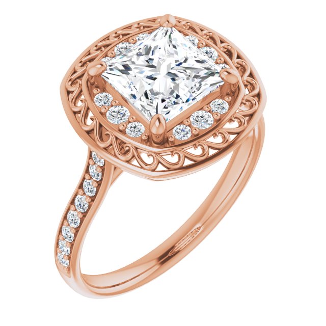 10K Rose Gold Customizable Cathedral-style Princess/Square Cut featuring Cluster Accented Filigree Setting & Shared Prong Band