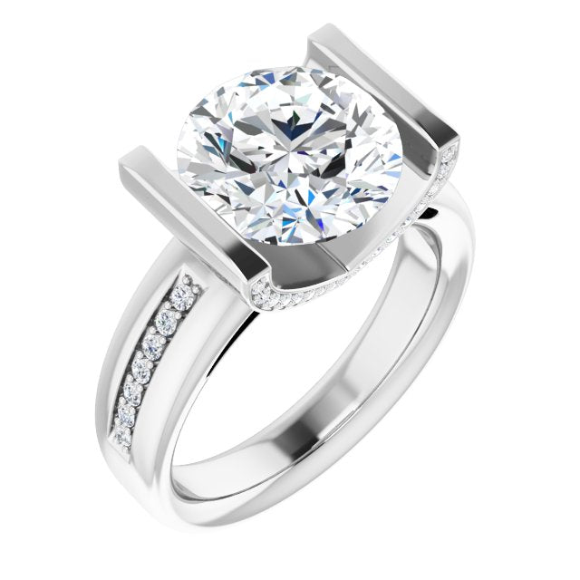 10K White Gold Customizable Cathedral-Bar Round Cut Design featuring Shared Prong Band and Prong Accents