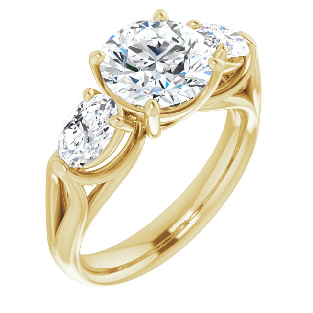 14K Yellow Gold Customizable Cathedral-set 3-stone Round Cut Style with Dual Oval Cut Accents & Wide Split Band