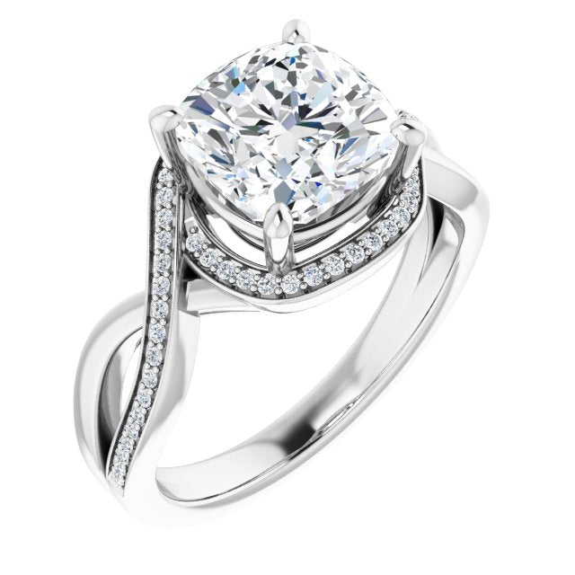 10K White Gold Customizable Bypass-Halo-Accented Cushion Cut Center with Twisting Split Shared Prong Band