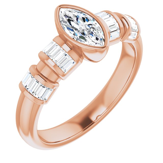 10K Rose Gold Customizable Bezel-set Marquise Cut Design with Quad Horizontal Band Sleeves of Baguette Accents