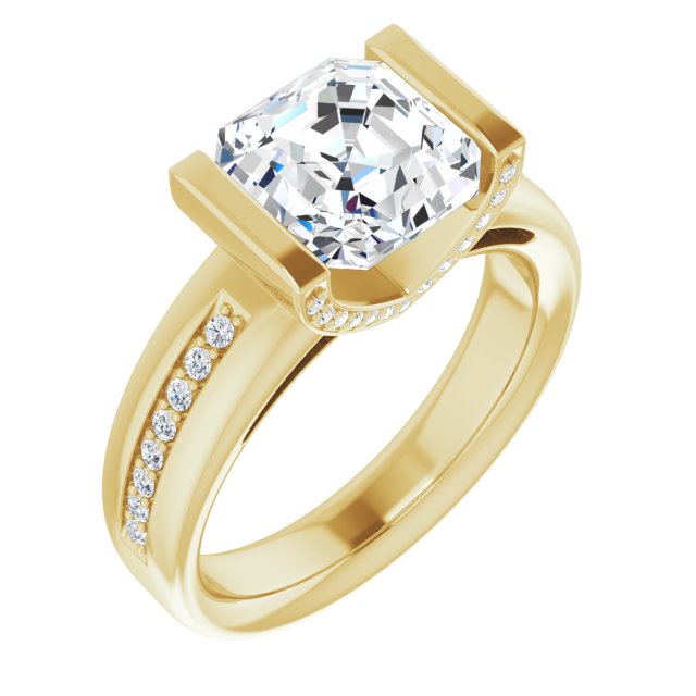 10K Yellow Gold Customizable Cathedral-Bar Asscher Cut Design featuring Shared Prong Band and Prong Accents