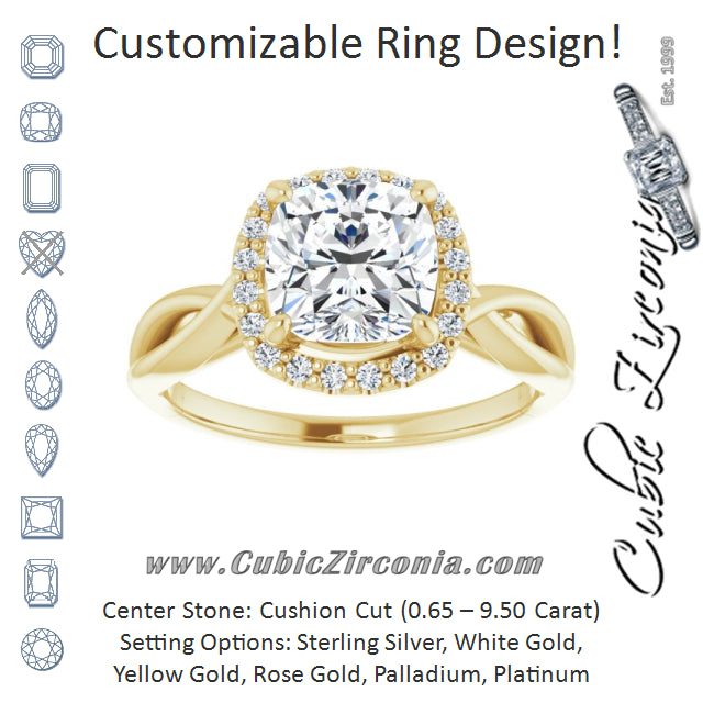 Cubic Zirconia Engagement Ring- The Yawén (Customizable Cathedral-Halo Cushion Cut Design with Twisting Split Band)