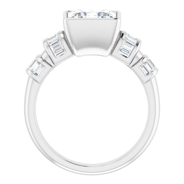 Cubic Zirconia Engagement Ring- The Astrid (Customizable Bezel-set Princess/Square Cut Design with Quad Horizontal Band Sleeves of Baguette Accents)