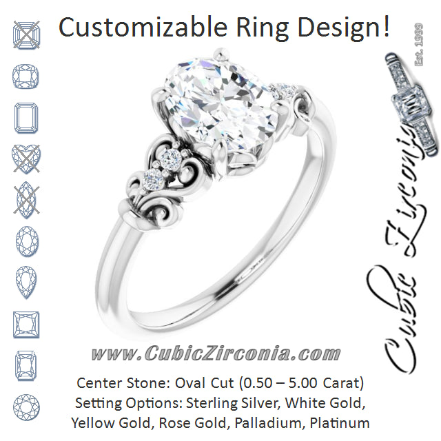 Cubic Zirconia Engagement Ring- The Amice (Customizable Vintage 5-stone Design with Oval Cut Center and Artistic Band Décor)
