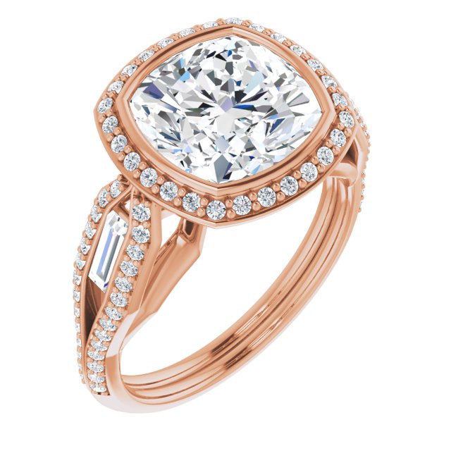 10K Rose Gold Customizable Cathedral-Bezel Cushion Cut Design with Halo, Split-Pavé Band & Channel Baguettes