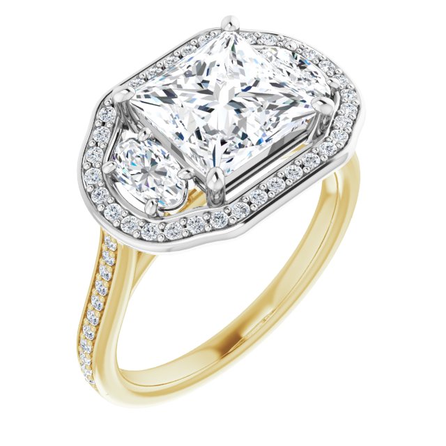 14K Yellow & White Gold Customizable Princess/Square Cut Style with Oval Cut Accents, 3-stone Halo & Thin Shared Prong Band
