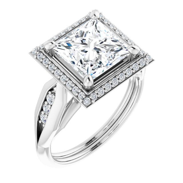 10K White Gold Customizable Cathedral-raised Princess/Square Cut Design with Halo and Tri-Cluster Band Accents