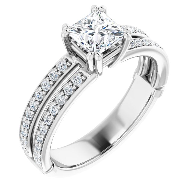 10K White Gold Customizable Princess/Square Cut Design featuring Split Band with Accents