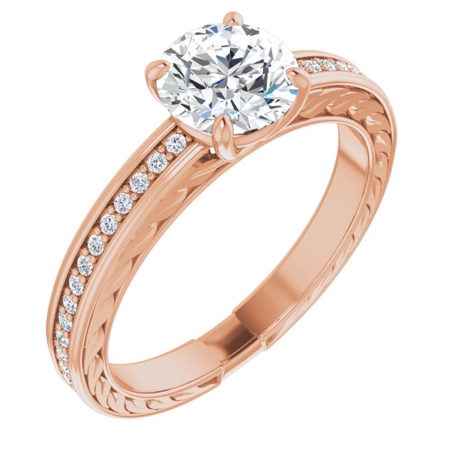 10K Rose Gold Customizable Round Cut Design with Rope-Filigree Hammered Inlay & Round Channel Accents